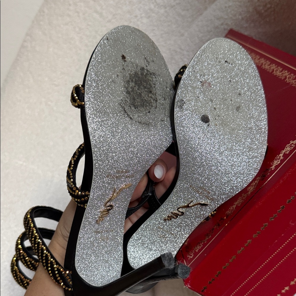 Rene Caovilla Black and Gold Strappy Heels - Picture 5 of 7